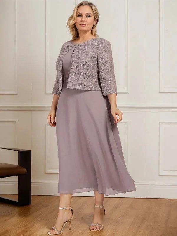 A-line Scoop Tea-Length Chiffon Mother of the Bride Dress With Pleated by Dreamylily