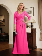 Sheath/Column V-Neck Illusion Floor-Length Lace Chiffon Mother of the Bride Dress With Pleated Sequins by Dreamylily