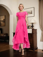 A-line Scoop Illusion Asymmetrical Chiffon Lace Mother of the Bride Dress With Bow Ruffle Sequins by Dreamylily