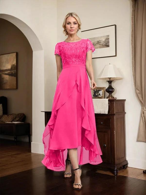 A-line Scoop Illusion Asymmetrical Chiffon Lace Mother of the Bride Dress With Bow Ruffle Sequins by Dreamylily