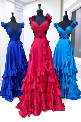 Brittany | Langes rotes A-Linien-Ballkleid mit Cut-outs und Rüschen und Schlitz