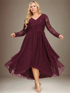 A-line V-Neck Asymmetrical Lace Chiffon Mother of the Bride Dress by Dreamylily