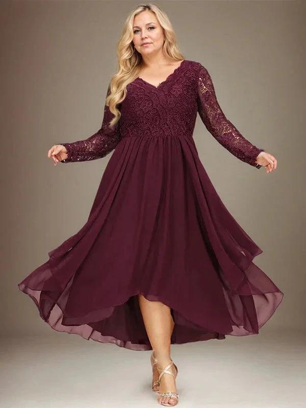A-line V-Neck Asymmetrical Lace Chiffon Mother of the Bride Dress by Dreamylily