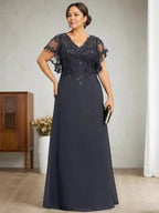 A-line V-Neck Floor-Length Lace Chiffon Mother of the Bride Dress With Sequins by Dreamylily