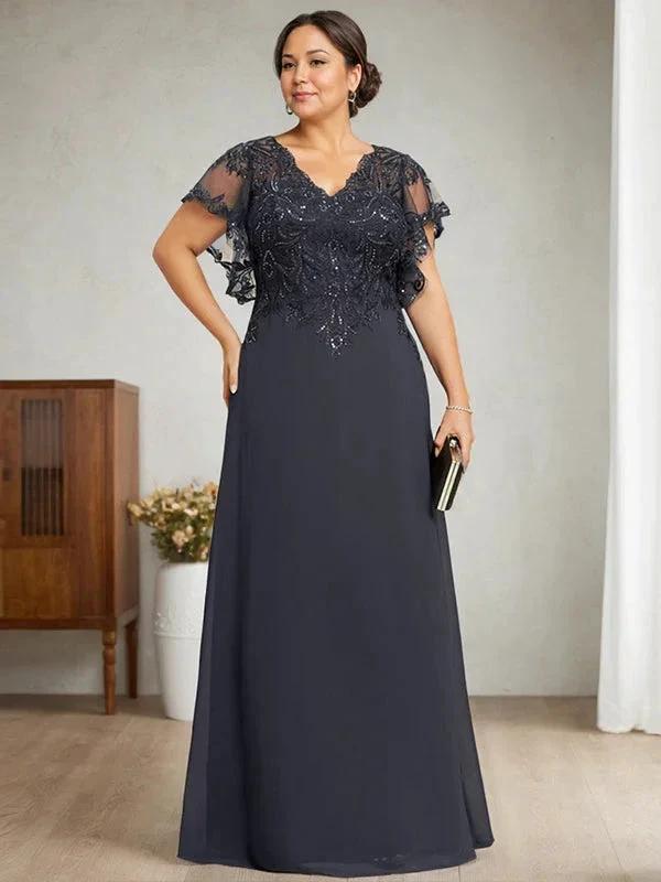 A-line V-Neck Floor-Length Lace Chiffon Mother of the Bride Dress With Sequins by Dreamylily