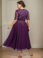 A-line V-Neck Tea-Length Lace Chiffon Mother of the Bride Dress With Sequins by Dreamylily