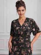 Vintage Plain V-Neck Short Sleeves Velvet Tea-Length Mother of the Bride Dress With Slit by Dreamylily