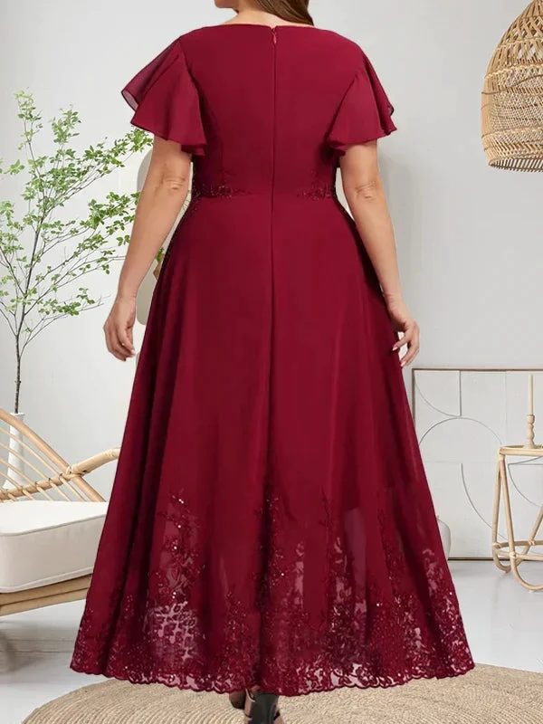 A-Linie U-Ausschnitt Knöchellang Spitzen-Chiffon-Kleid für die Brautmutter mit Pailletten