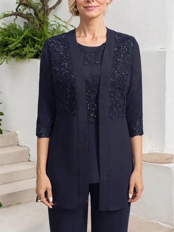 Jumpsuit/Pantsuit Separates Scoop Floor-Length Chiffon Lace Mother of the Bride Dress With Sequins by Dreamylily