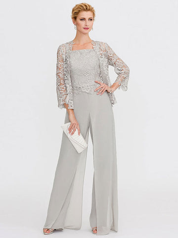 3 Piece Chiffon Square Neck Mother of the Bride Pantsuits with Jacket