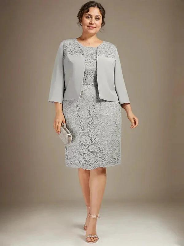 Sheath/Column Scoop Knee-Length Chiffon Lace Mother of the Bride Dress With Beading by Dreamylily
