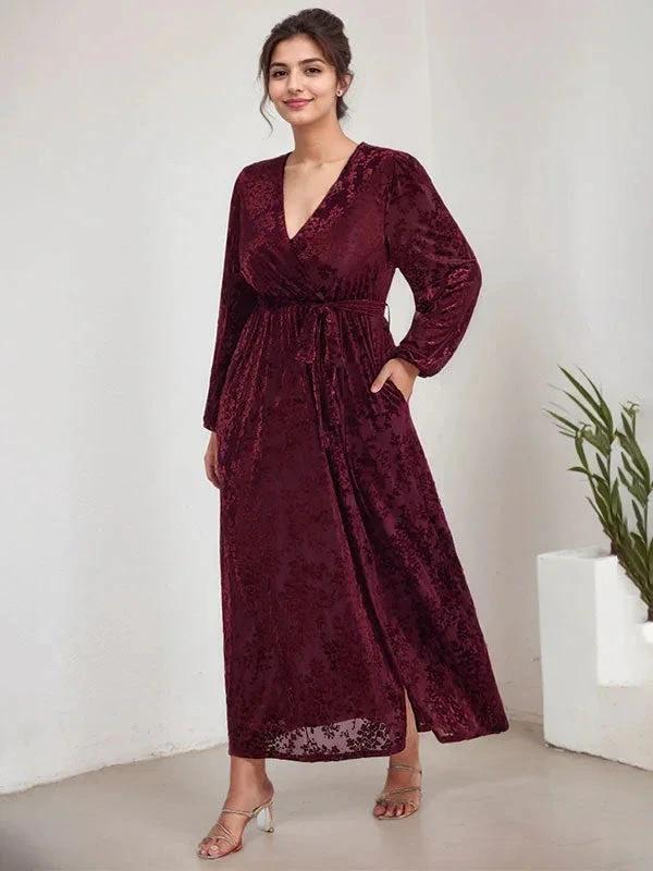 A-Line V-Neck Long Sleeves Velvet Tea-Length Mother of the Bride Dress With Split by Dreamylily