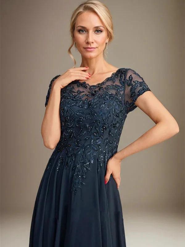 A-Line Scoop Floor-Length Chiffon Mother of the Bride Dress With Applique & Sequins by Dreamylily