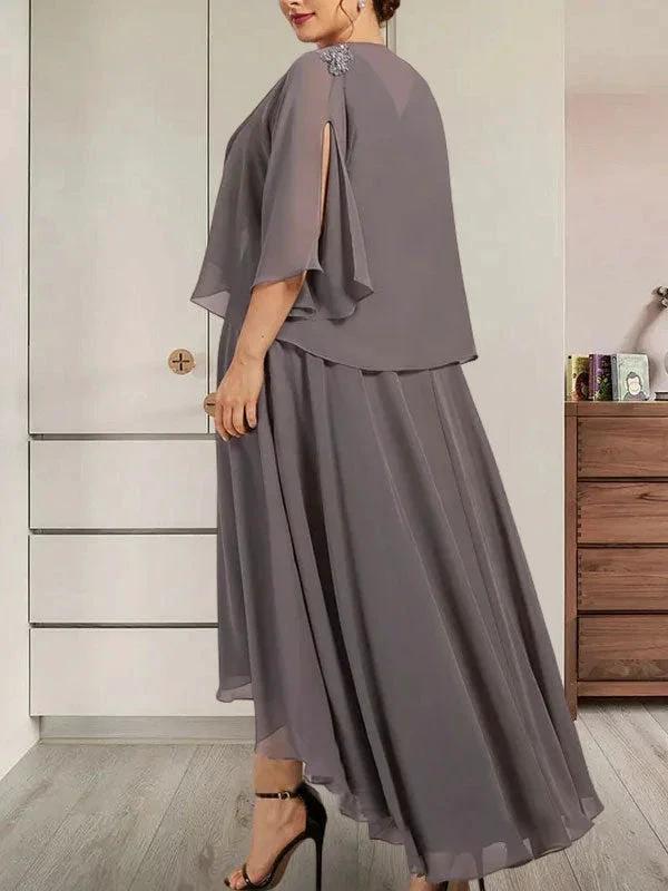 A-line V-Neck Asymmetrical Chiffon Mother of the Bride Dress With Beading Sequins by Dreamylily