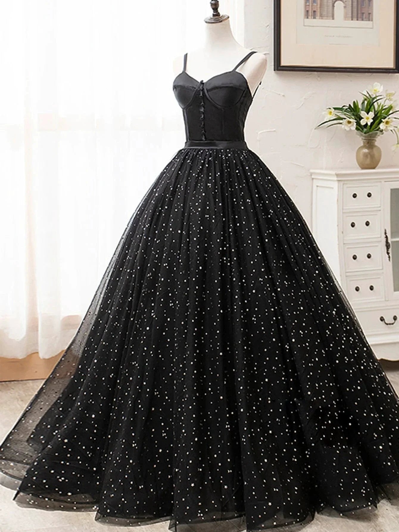 V Neck Glitter Black Long Prom Dress by KissProm