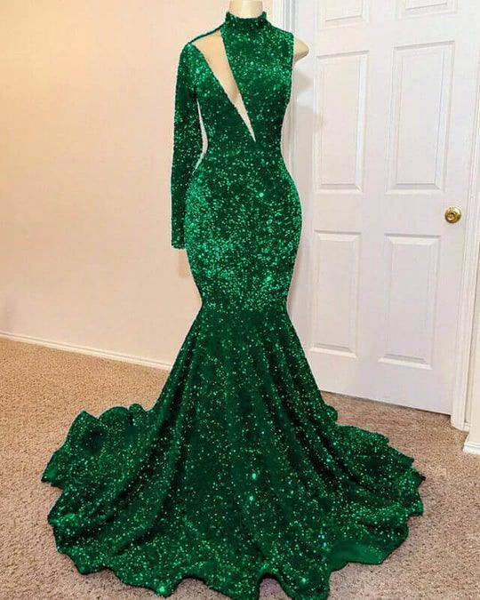 Sequined Green Mermaid Floor Length Prom Gown with High Neck and Long Sleeves by BIZTUNNEL