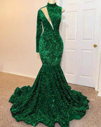 Sequined Green Mermaid Floor Length Prom Gown with High Neck and Long Sleeves by BIZTUNNEL
