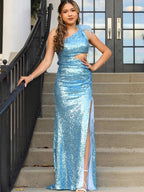 One Shoulder Sparkly Unique Black Mermaid Prom Dress by KissProm