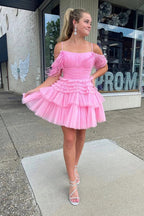 Cute Pink A Line Feather Tulle Homecoming Dresses by Ombreprom