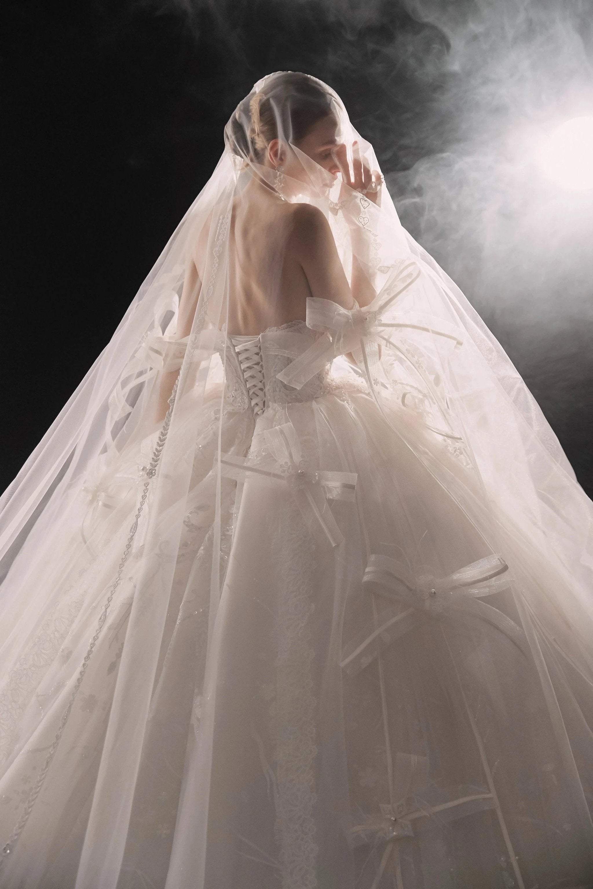 Romantic Strapless Ball Gown Tulle Ribbon Embellished Lace Wedding Dress with Voluminous Skirt H008 by ZAPDRESS