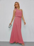 Ruffled One Shoulder Sleeveless Long Bridesmaid Dresses A-line Formal Evening Gown Side Split 28080 by numbersea