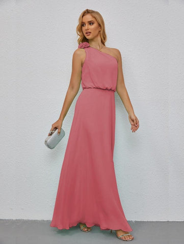 Ruffled One Shoulder Sleeveless Long Bridesmaid Dresses A-line Formal Evening Gown Side Split 28080