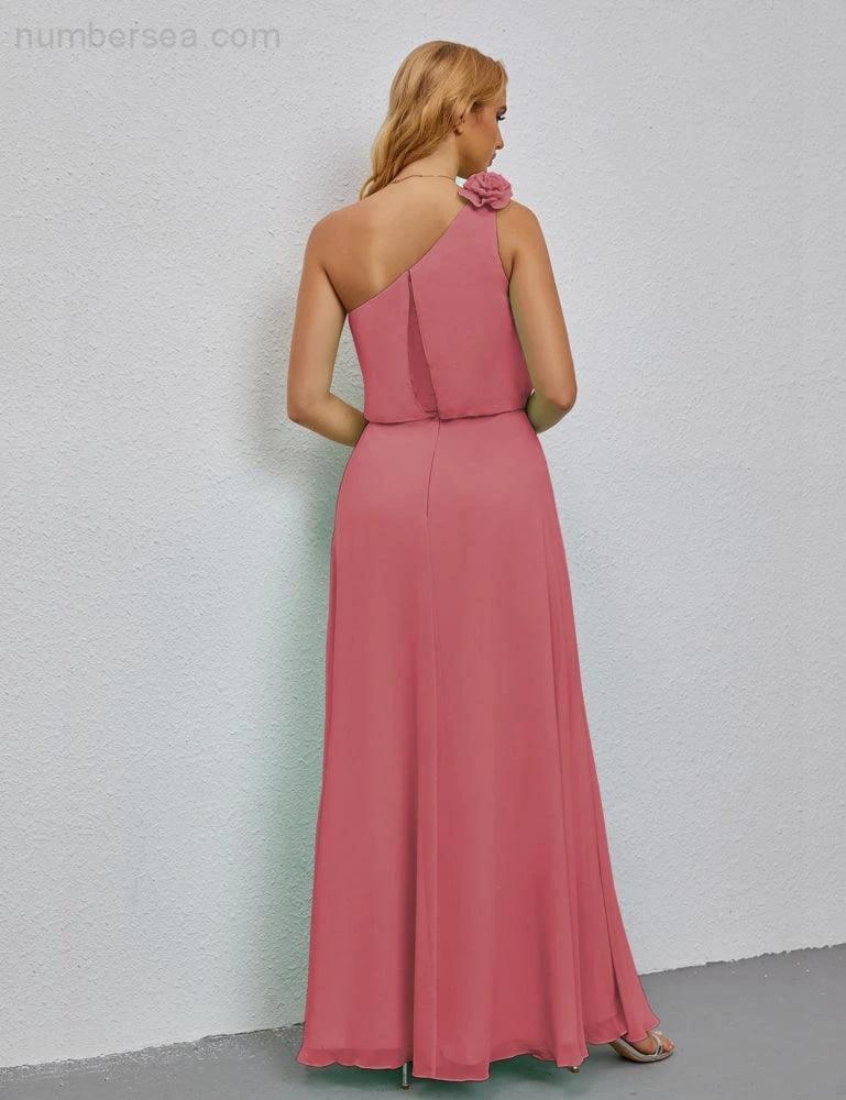 Ruffled One Shoulder Sleeveless Long Bridesmaid Dresses A-line Formal Evening Gown Side Split 28080 by numbersea