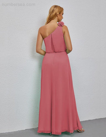 Ruffled One Shoulder Sleeveless Long Bridesmaid Dresses A-line Formal Evening Gown Side Split 28080
