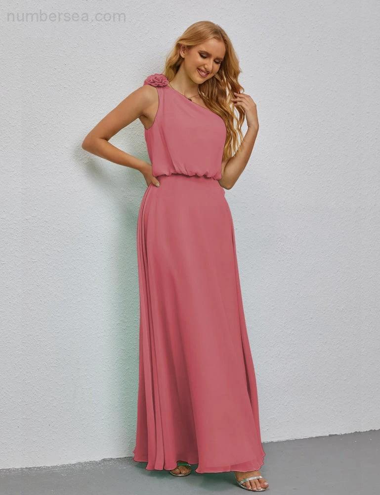 Ruffled One Shoulder Sleeveless Long Bridesmaid Dresses A-line Formal Evening Gown Side Split 28080 by numbersea