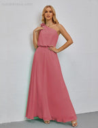 Ruffled One Shoulder Sleeveless Long Bridesmaid Dresses A-line Formal Evening Gown Side Split 28080 by numbersea