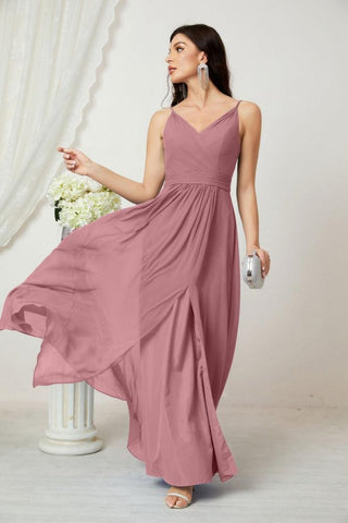 Numbersea Chiffon V-Neck Bridesmaid Dress Spaghetti Strap Long Formal Party Prom Gowns with Slit 28010