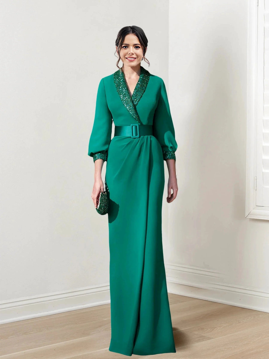 Sheath/Column V-Neck Long Sleeves Mother of the Bride Dresses With Belt by Dreamylily