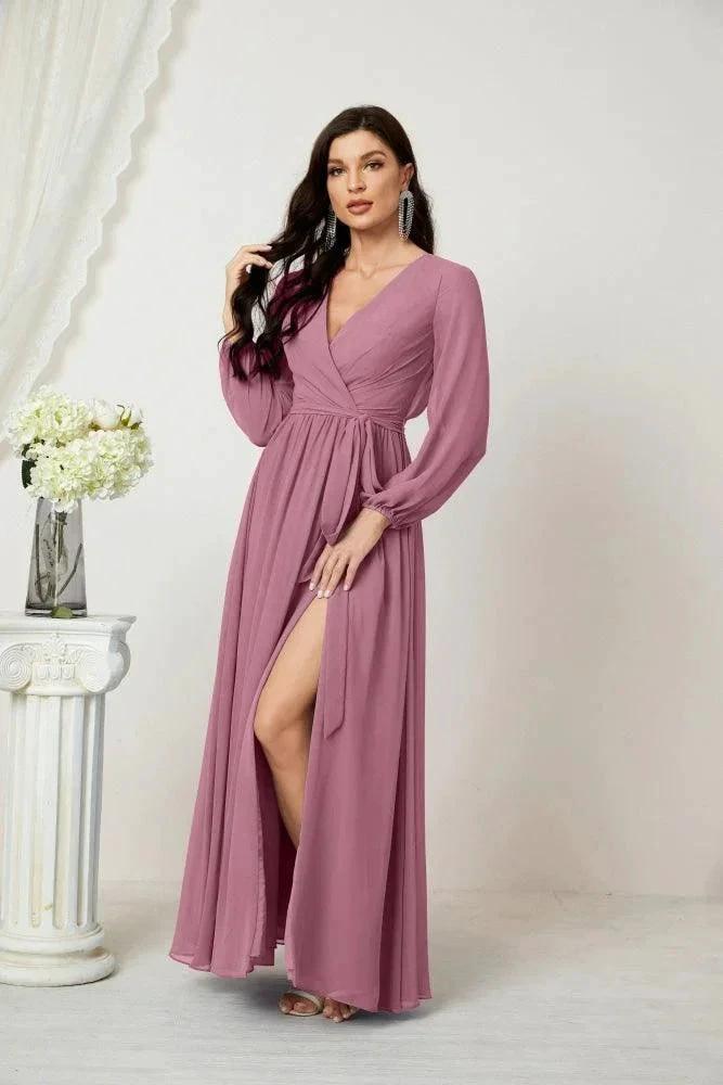 Sunnderly Evening Dresses Deep V-Neck Chiffon Bridesmaid Dresses Long Bishop Sleeve Side Split Formal Dress SY2806 by numbersea