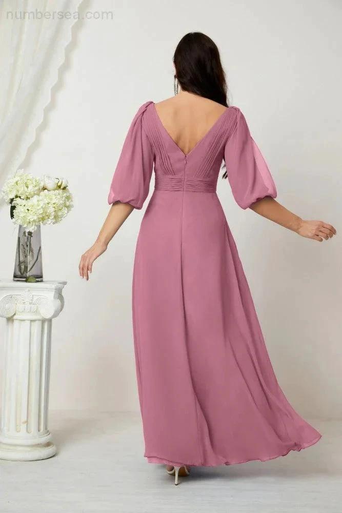 Numbersea Formal Prom Gown Women V-Neck Chiffon Bridesmaid Dresses Long Bishop Sleeve Party Dress 2807 by numbersea