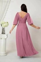 Numbersea Formal Prom Gown Women V-Neck Chiffon Bridesmaid Dresses Long Bishop Sleeve Party Dress 2807 by numbersea