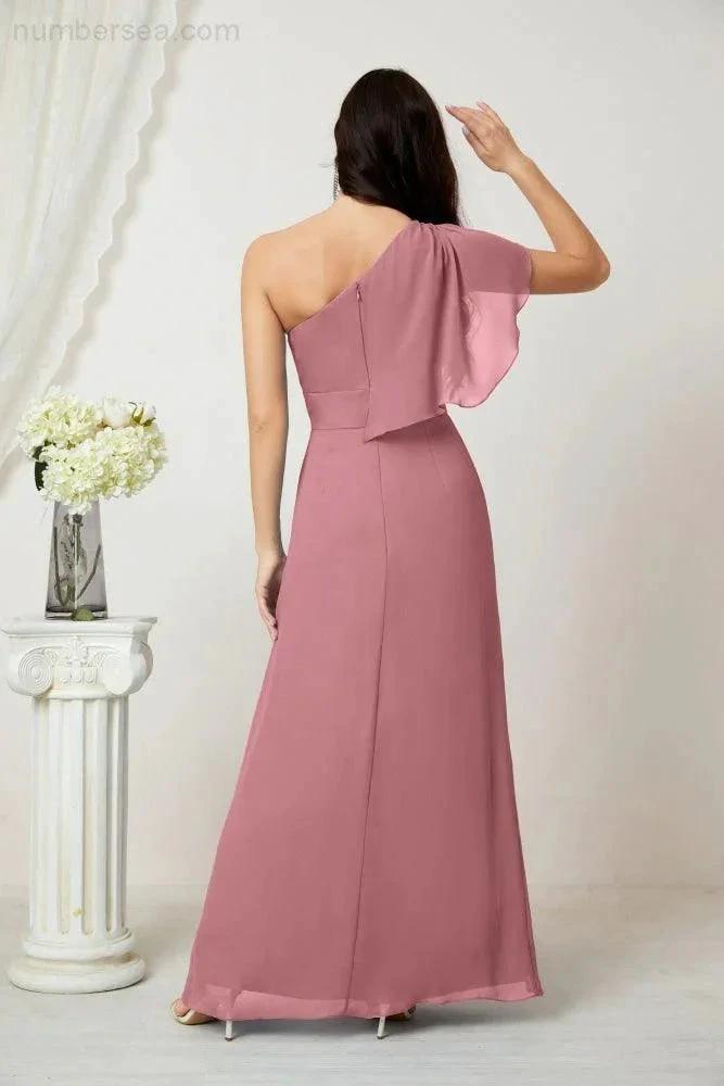 Numbersea Chiffon Ruffled One Shoulder Long Bridesmaid Dresses A-line Formal Evening Gown Side Split 2809 by numbersea