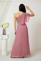 Numbersea Chiffon Ruffled One Shoulder Long Bridesmaid Dresses A-line Formal Evening Gown Side Split 2809 by numbersea