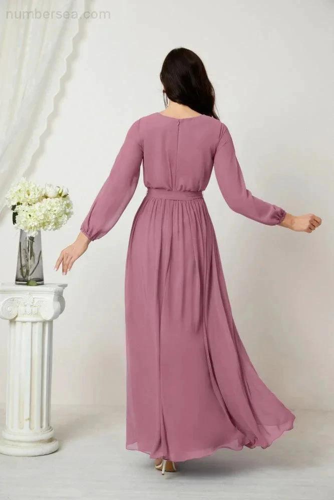 Sunnderly Evening Dresses Deep V-Neck Chiffon Bridesmaid Dresses Long Bishop Sleeve Side Split Formal Dress SY2806 by numbersea
