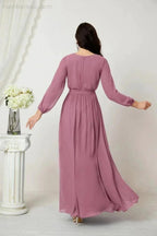 Sunnderly Evening Dresses Deep V-Neck Chiffon Bridesmaid Dresses Long Bishop Sleeve Side Split Formal Dress SY2806 by numbersea