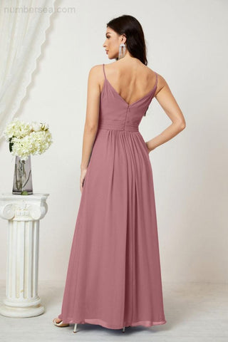 Numbersea Chiffon V-Neck Bridesmaid Dress Spaghetti Strap Long Formal Party Prom Gowns with Slit 28010