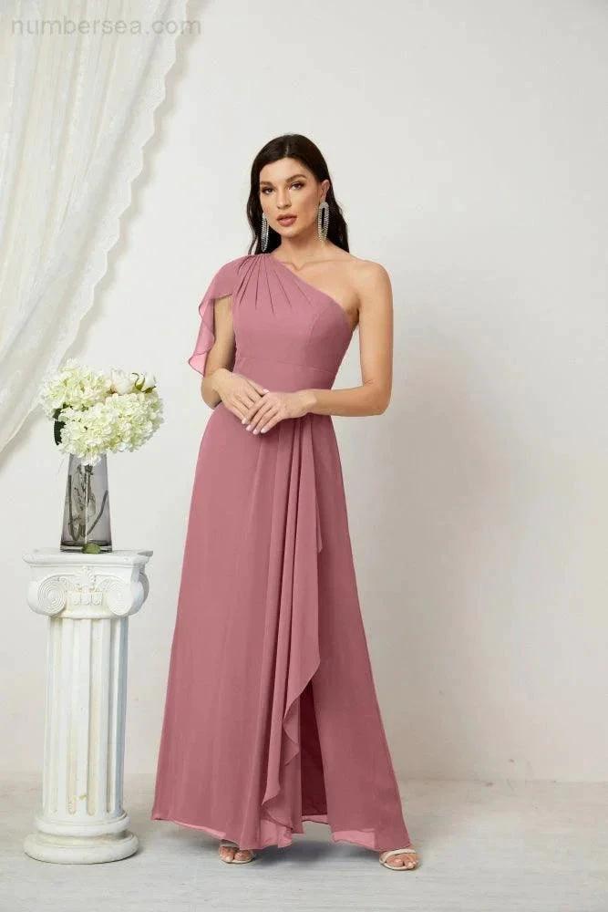 Numbersea Chiffon Ruffled One Shoulder Long Bridesmaid Dresses A-line Formal Evening Gown Side Split 2809 by numbersea
