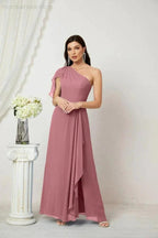 Numbersea Chiffon Ruffled One Shoulder Long Bridesmaid Dresses A-line Formal Evening Gown Side Split 2809 by numbersea