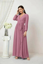 Sunnderly Evening Dresses Deep V-Neck Chiffon Bridesmaid Dresses Long Bishop Sleeve Side Split Formal Dress SY2806 by numbersea