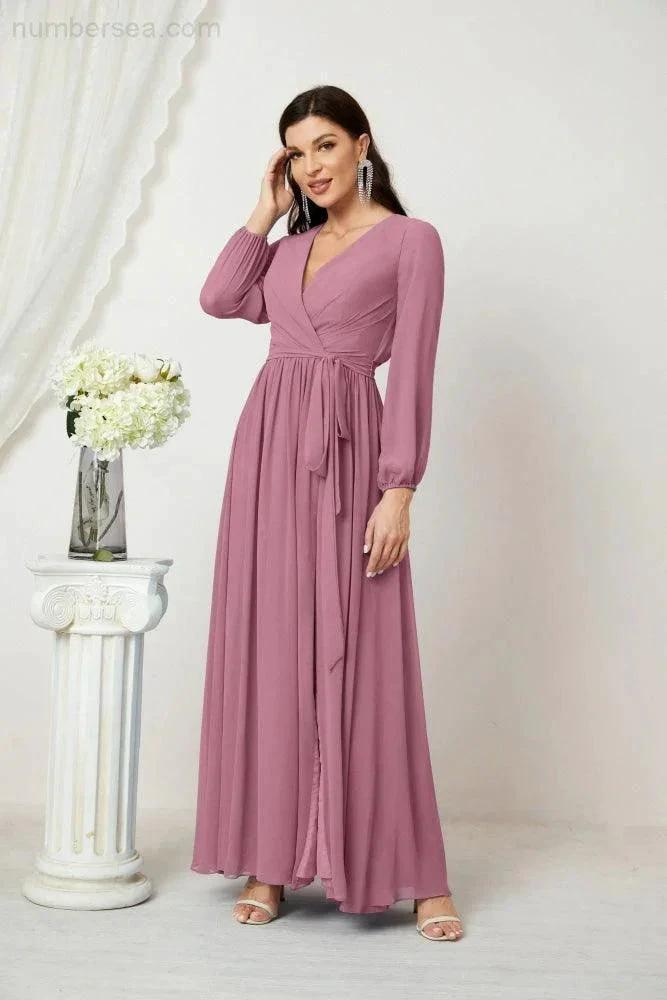 Sunnderly Evening Dresses Deep V-Neck Chiffon Bridesmaid Dresses Long Bishop Sleeve Side Split Formal Dress SY2806 by numbersea