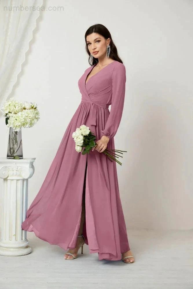 Sunnderly Evening Dresses Deep V-Neck Chiffon Bridesmaid Dresses Long Bishop Sleeve Side Split Formal Dress SY2806 by numbersea