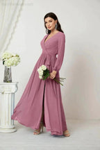 Sunnderly Evening Dresses Deep V-Neck Chiffon Bridesmaid Dresses Long Bishop Sleeve Side Split Formal Dress SY2806 by numbersea