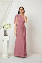 Numbersea Chiffon Ruffled One Shoulder Long Bridesmaid Dresses A-line Formal Evening Gown Side Split 2809 by numbersea