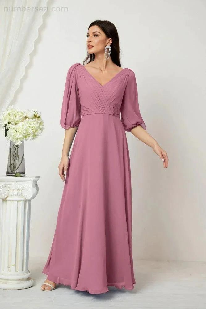 Numbersea Formal Prom Gown Women V-Neck Chiffon Bridesmaid Dresses Long Bishop Sleeve Party Dress 2807 by numbersea