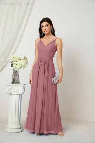 Numbersea Chiffon V-Neck Bridesmaid Dress Spaghetti Strap Long Formal Party Prom Gowns with Slit 28010