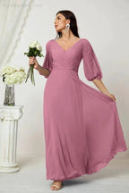 Numbersea Formal Prom Gown Women V-Neck Chiffon Bridesmaid Dresses Long Bishop Sleeve Party Dress 2807 by numbersea
